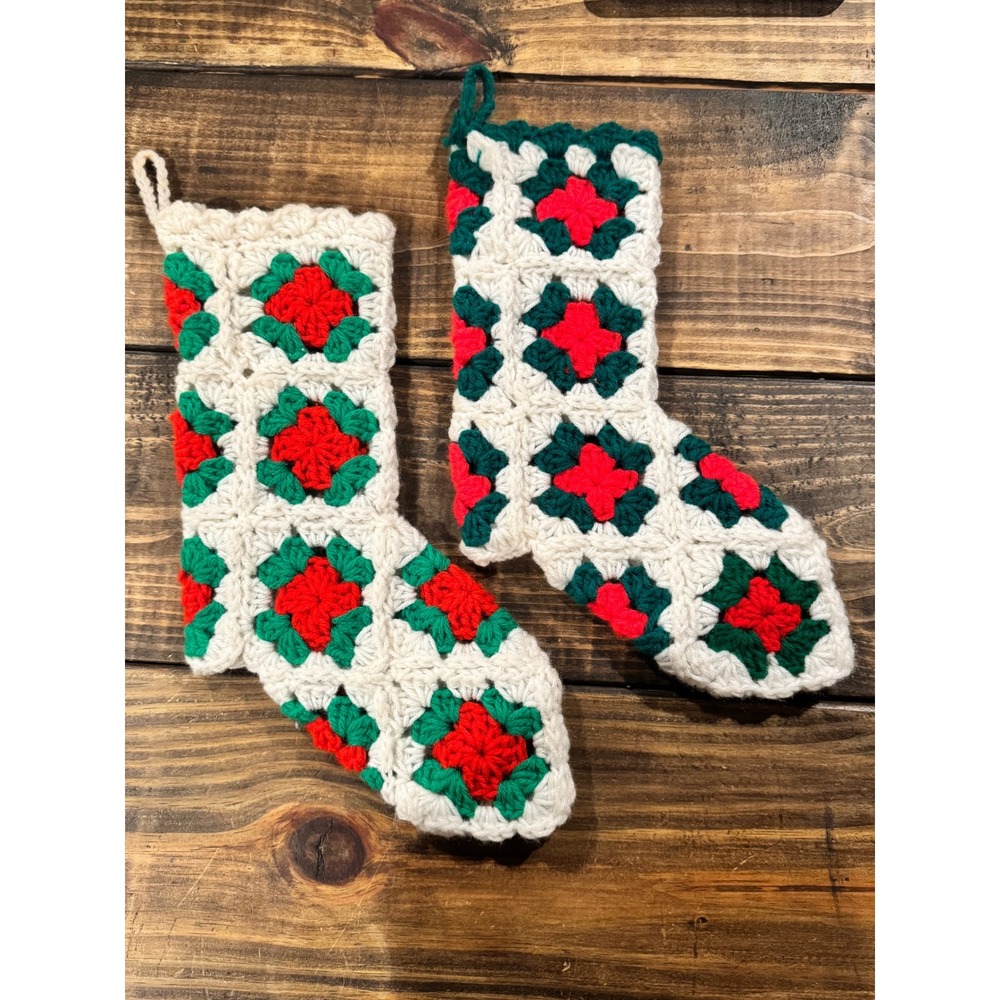 Vintage Handmade Crochet‎ Christmas Stockings Granny Square Poinsettia Set of 2